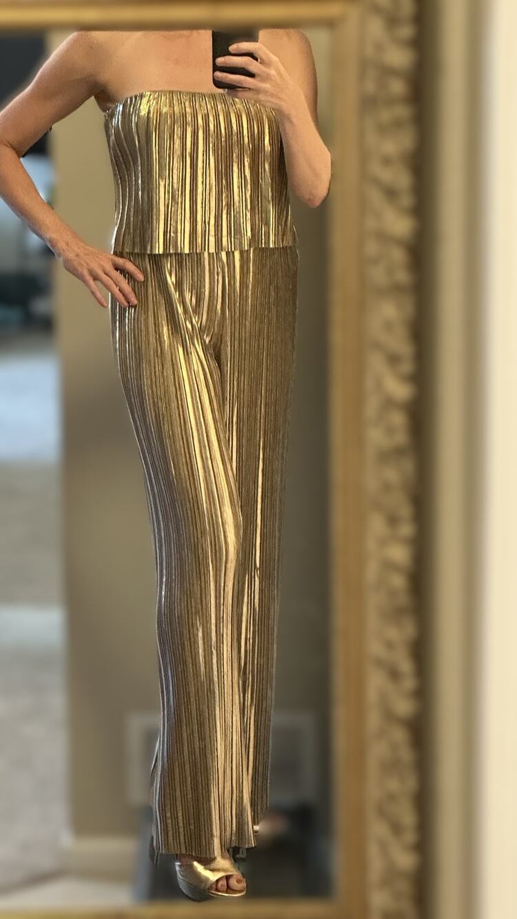Amanda Uprichard Gold Jumpsuit NWT Medium Strapless Pleated Metallic Long
